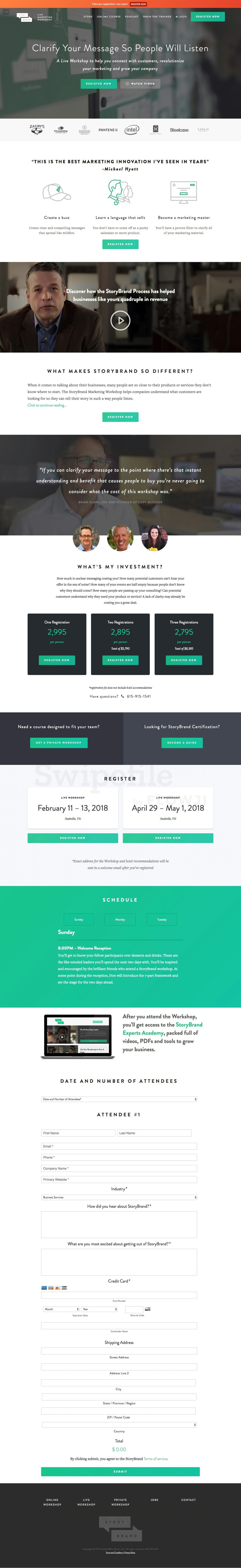 Landing page for StoryBrand Marketing Workshop by Donald Miller - Swipefile  by Flowji
